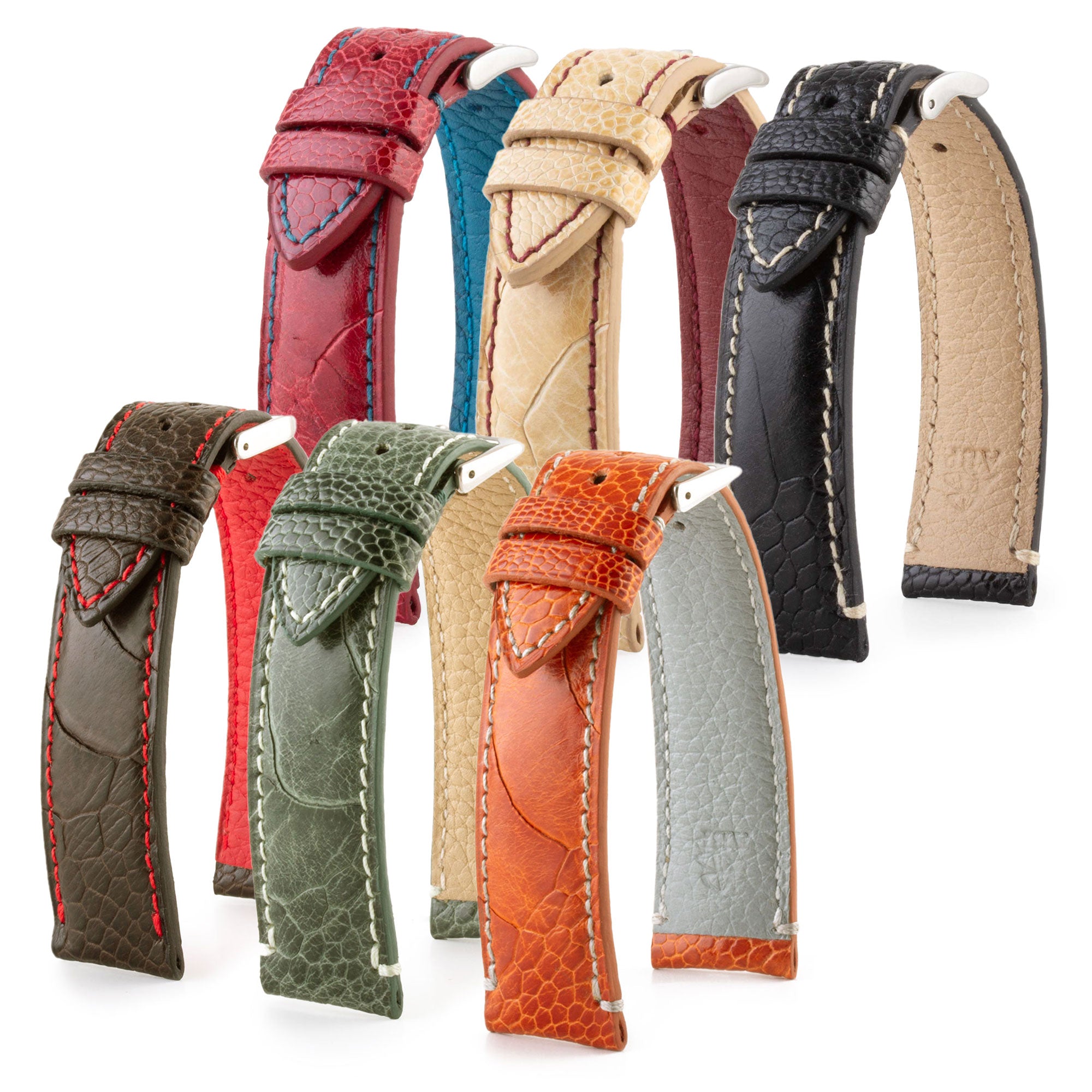 Leather watch band - Ostrich leg (brown, green, orange)