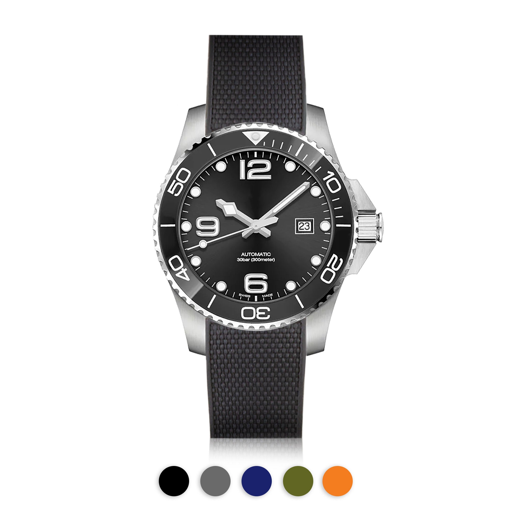 Longines Hydroconquest – Bracelet montre intégré caoutchouc (noir, gris, bleu, kaki, orange)