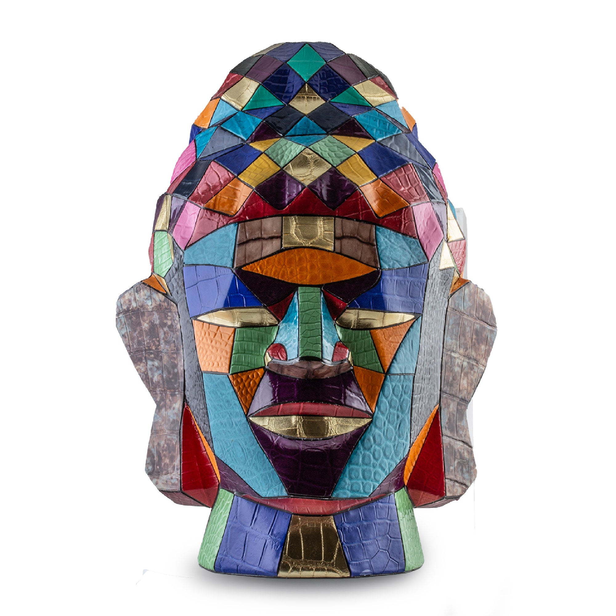 "Patchwork" leather Buddha head statue - Alligator / crocodile