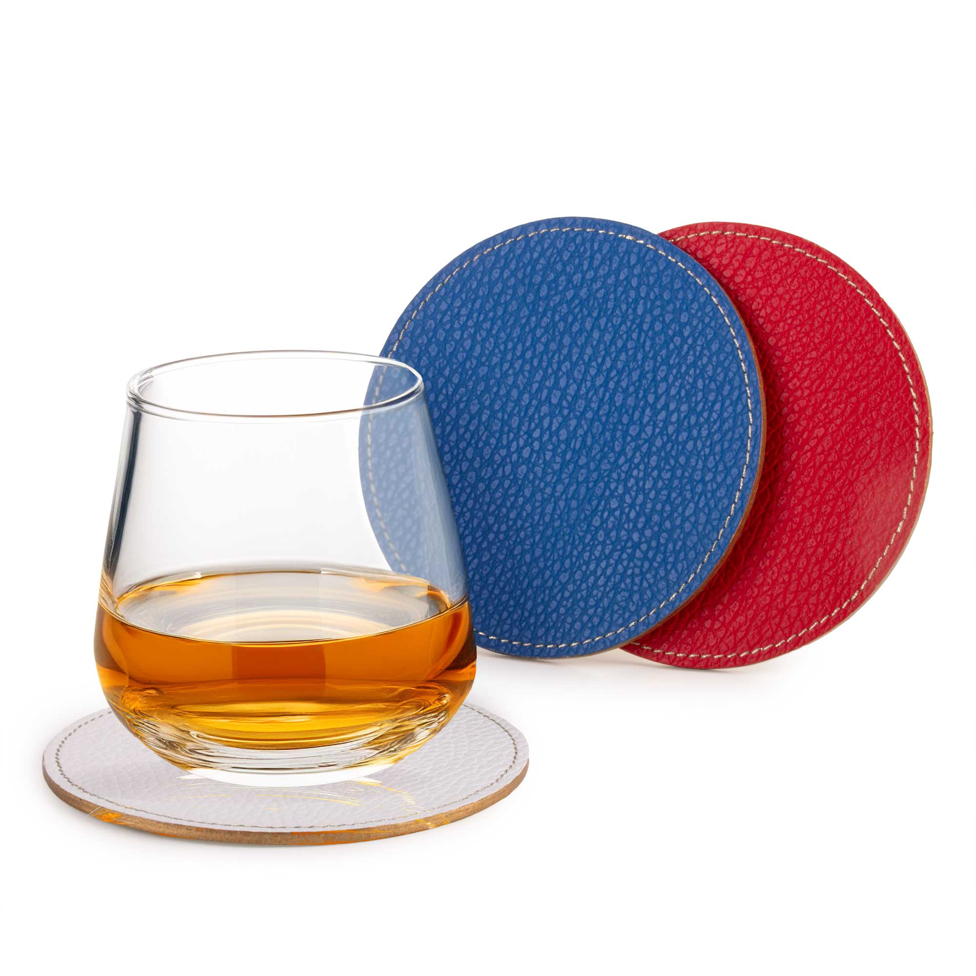 Set de 3 dessous de verre en cuir - Buffle (bleu, blanc, rouge)