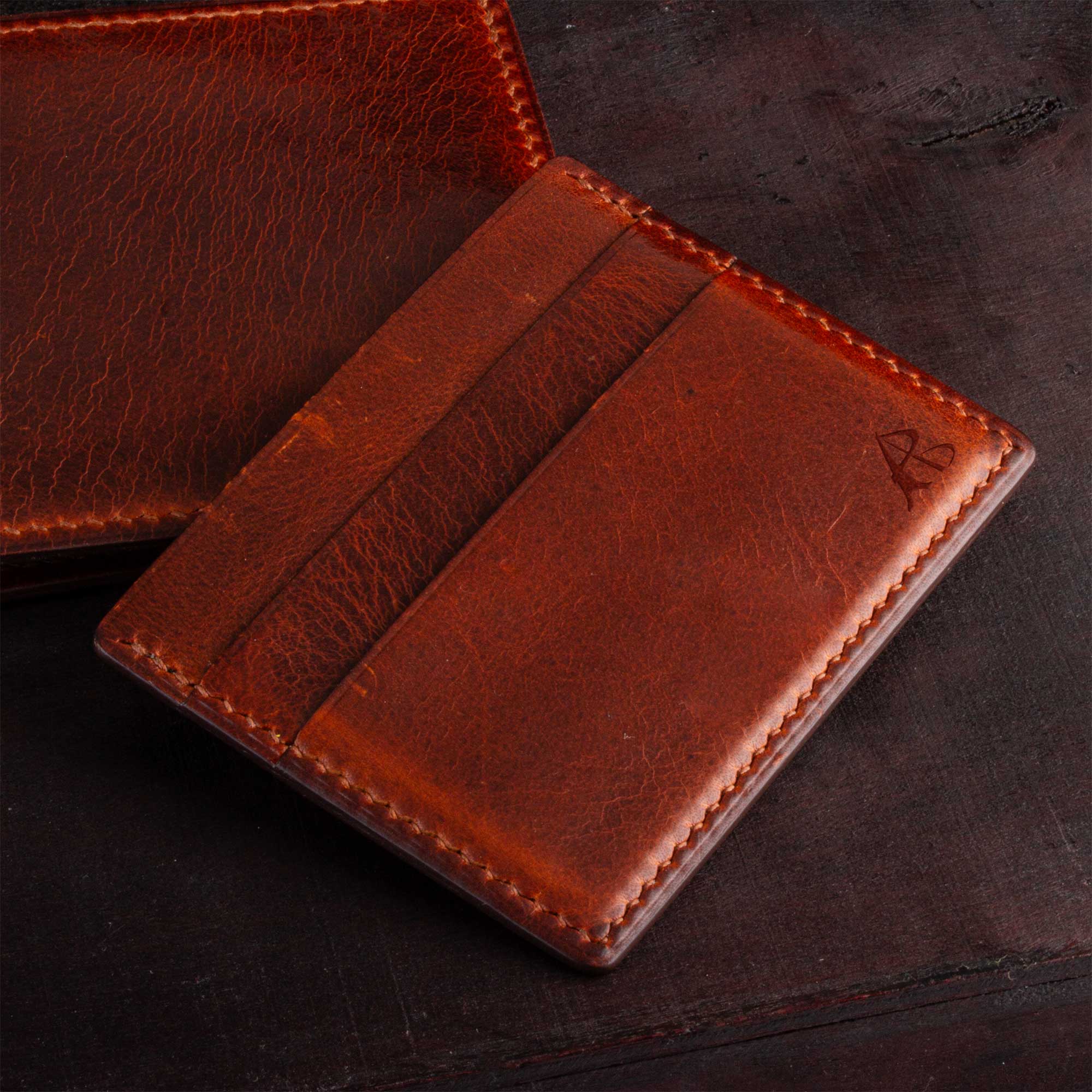 Leather credit card case - Waxed tanning brown calf