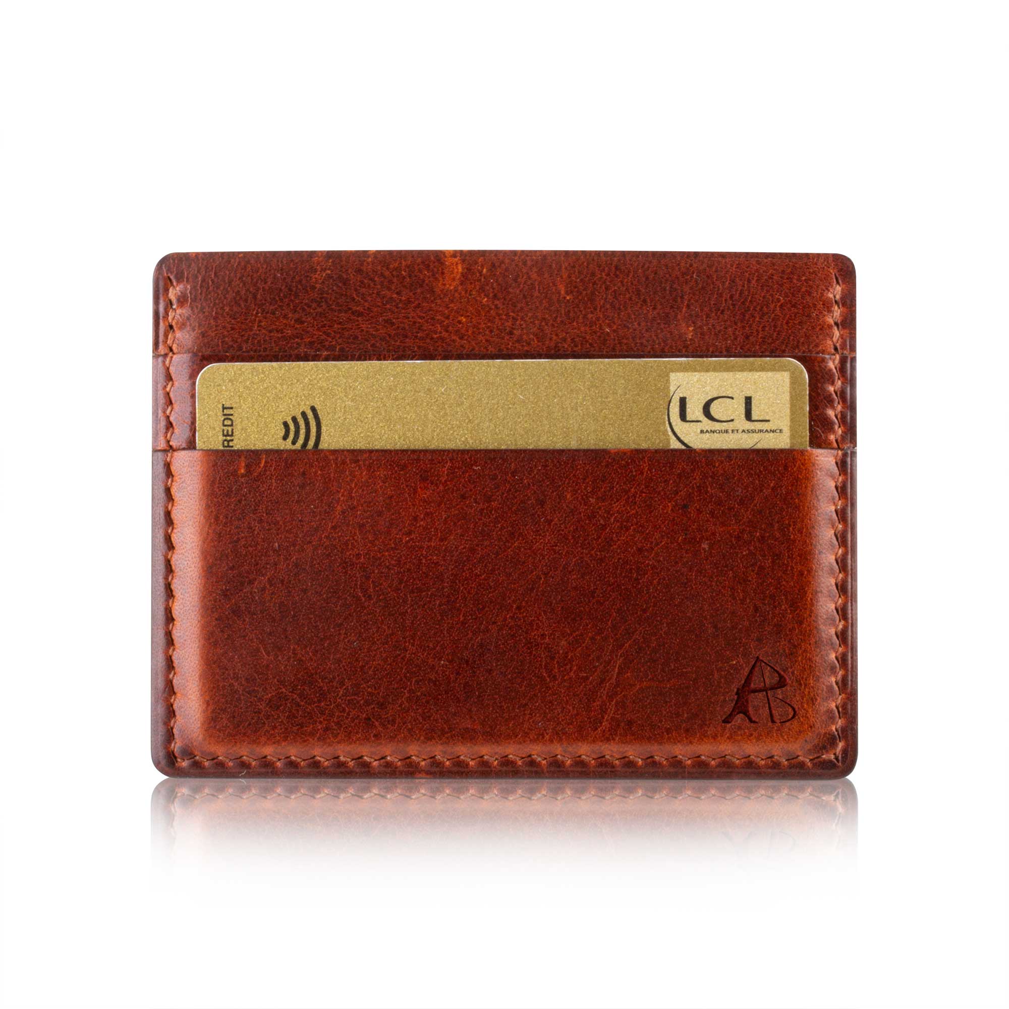 Leather credit card case - Waxed tanning brown calf