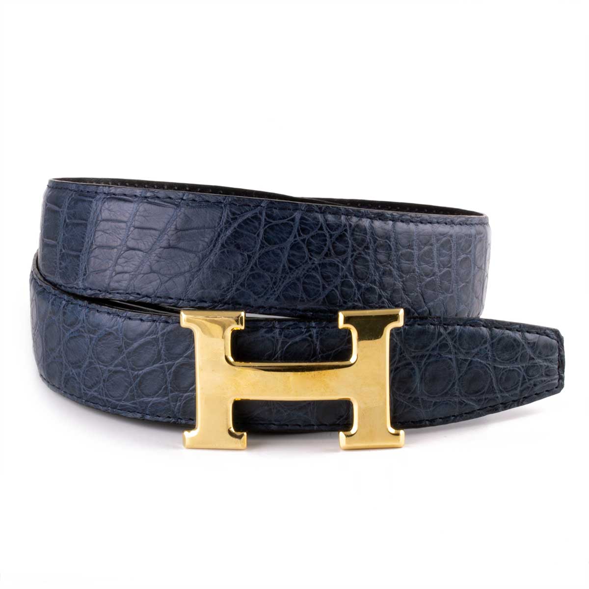 Classic leather belt with polished golden H buckle - Alligator